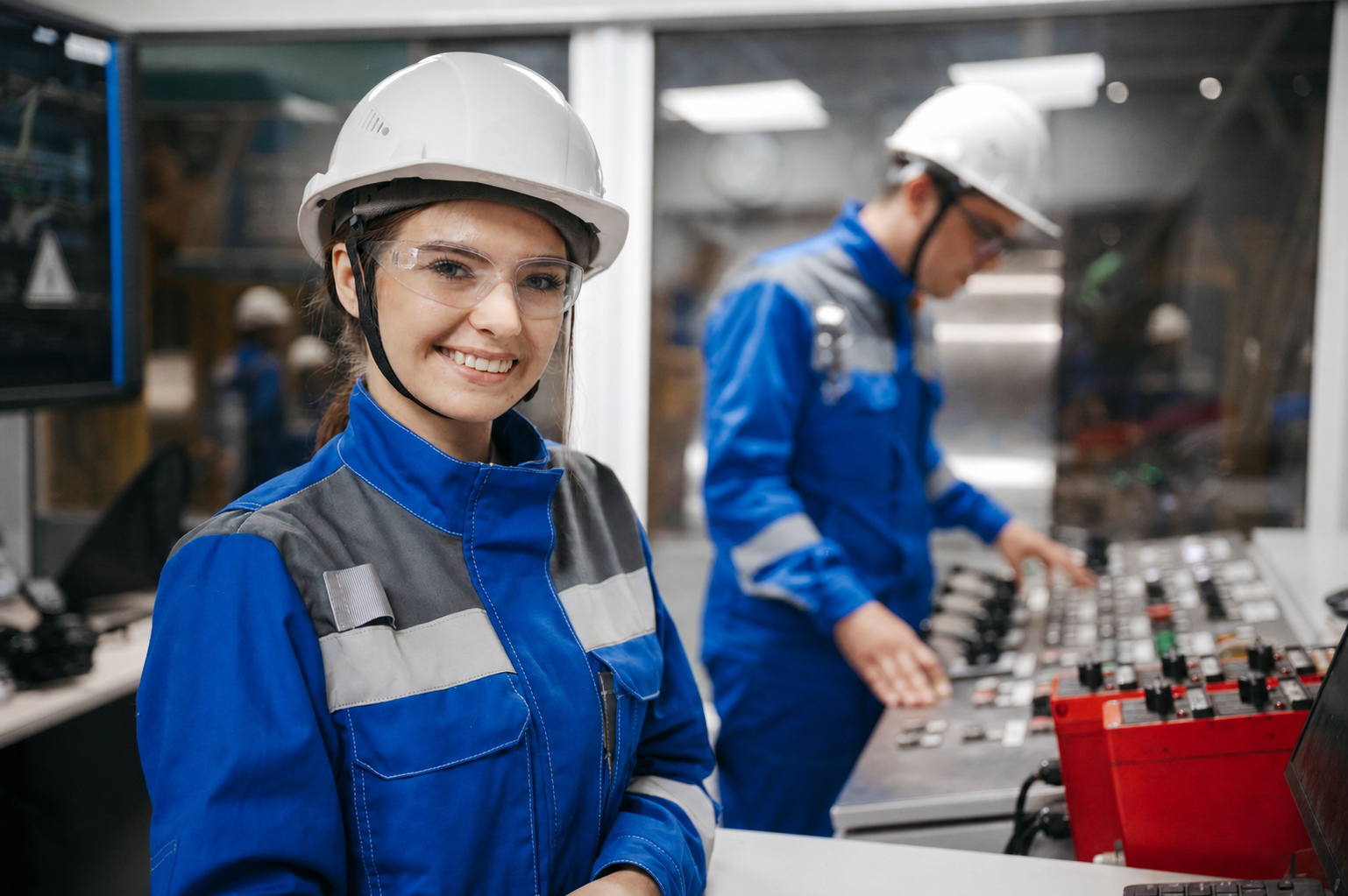 Smilende europeisk industriarbeider med vernebriller og en kollega i kontrollrommet