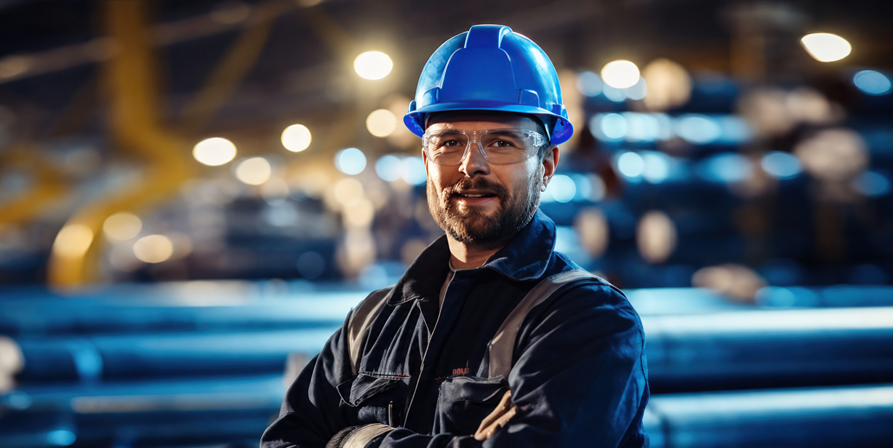 Mannlig fagperson med vernebriller i industrielt arbeidsmiljø